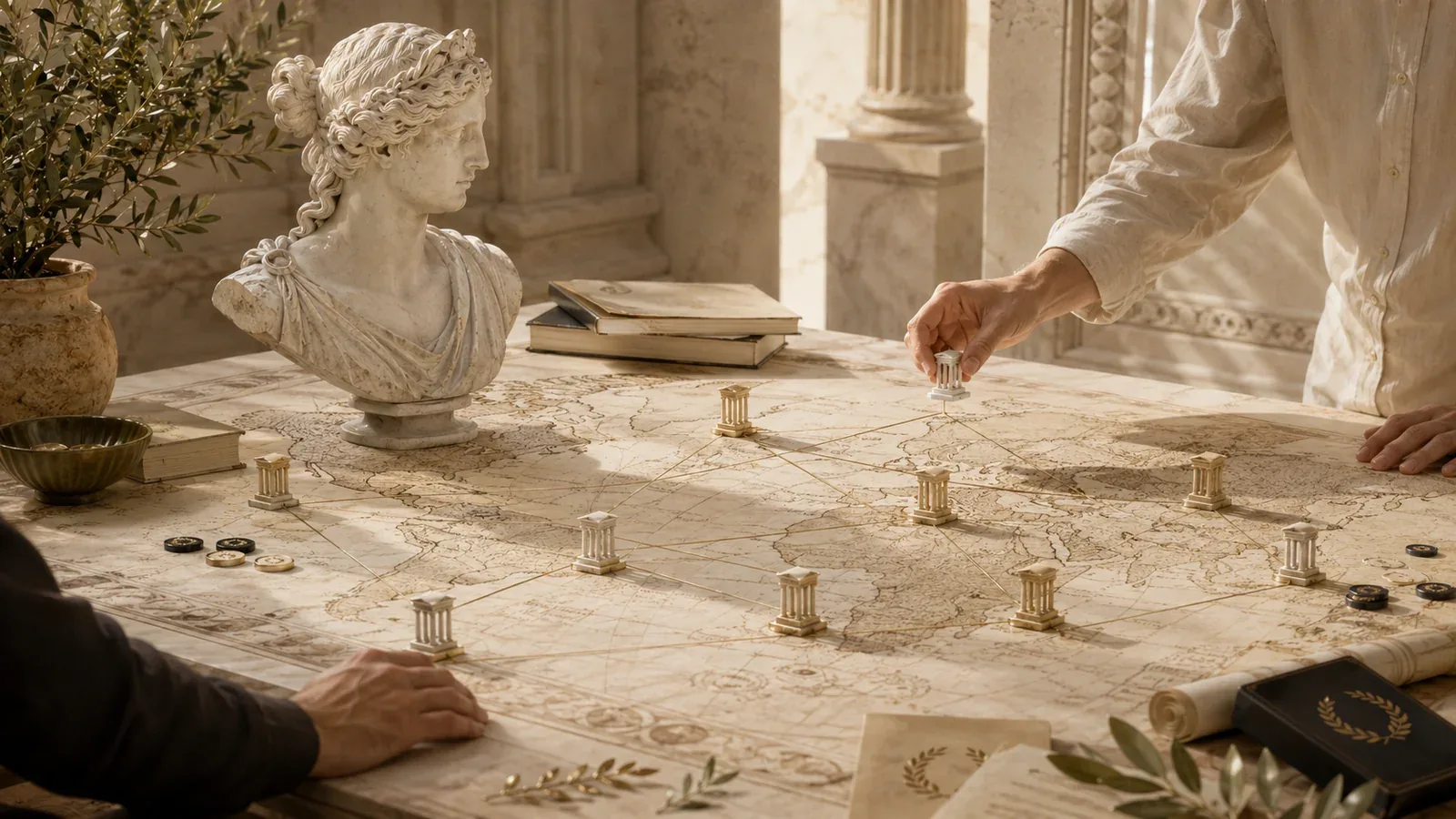 A hand setting counters on a stone table beside a marble bust