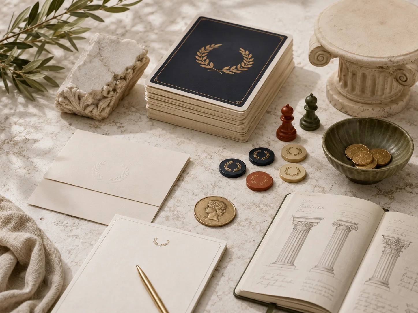 Cards, tokens and a notebook arranged on a marble surface
