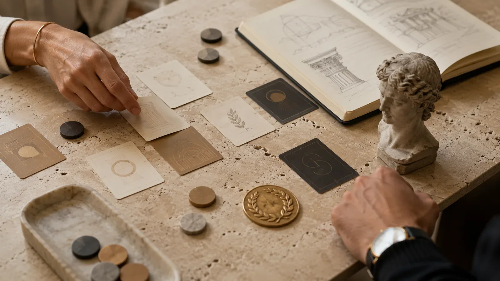 A hand moving pieces across a game board laid on stone