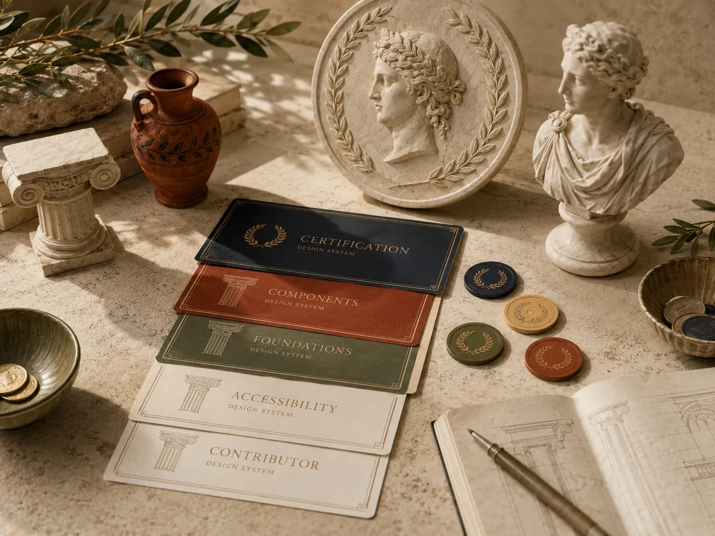 Certification cards, laurel medallions and seals laid out on a stone table