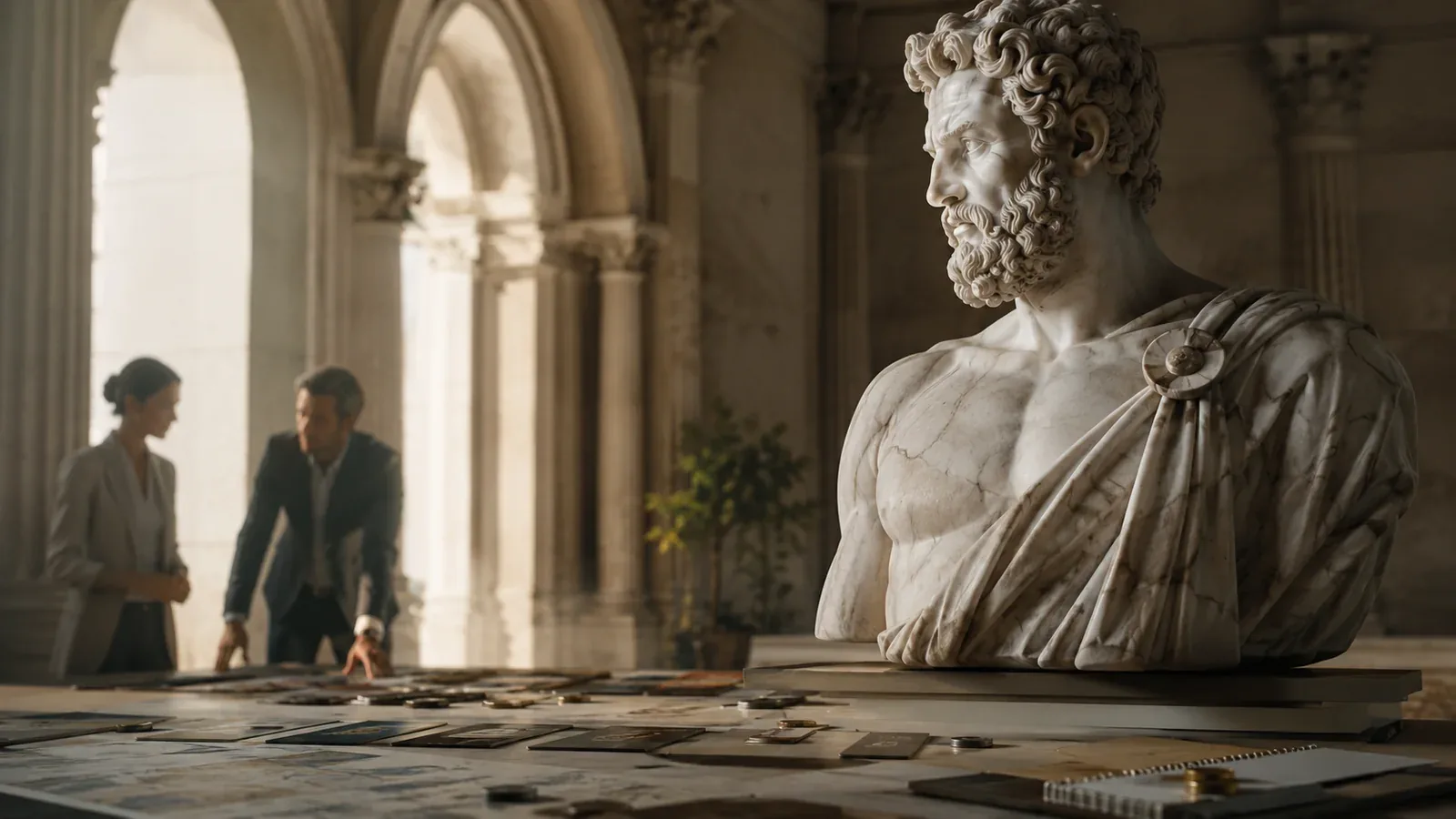 Two facilitators laying out cards and notes on a table in a marble hall