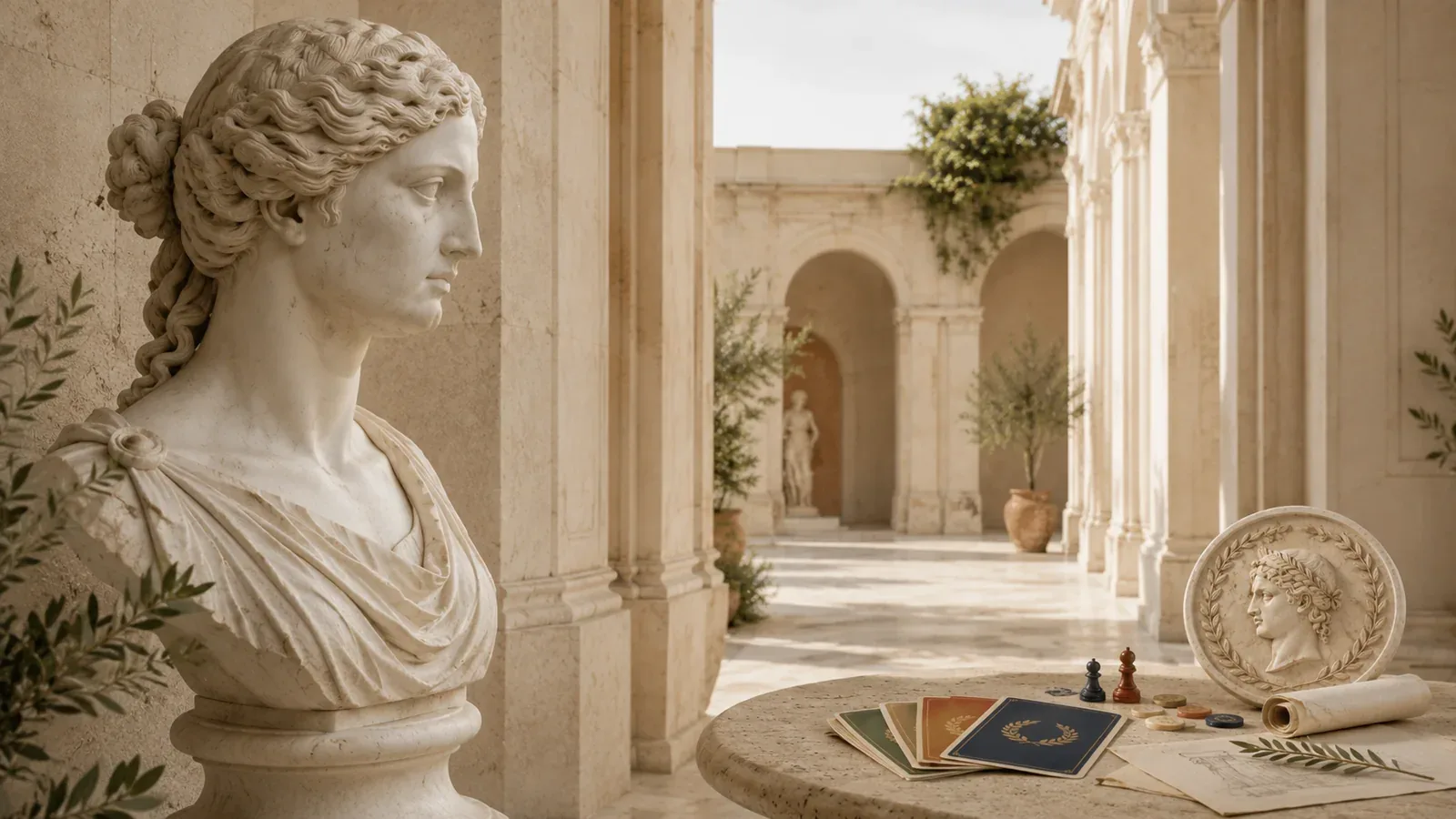Practitioners playing a card-based game at a long courtyard table