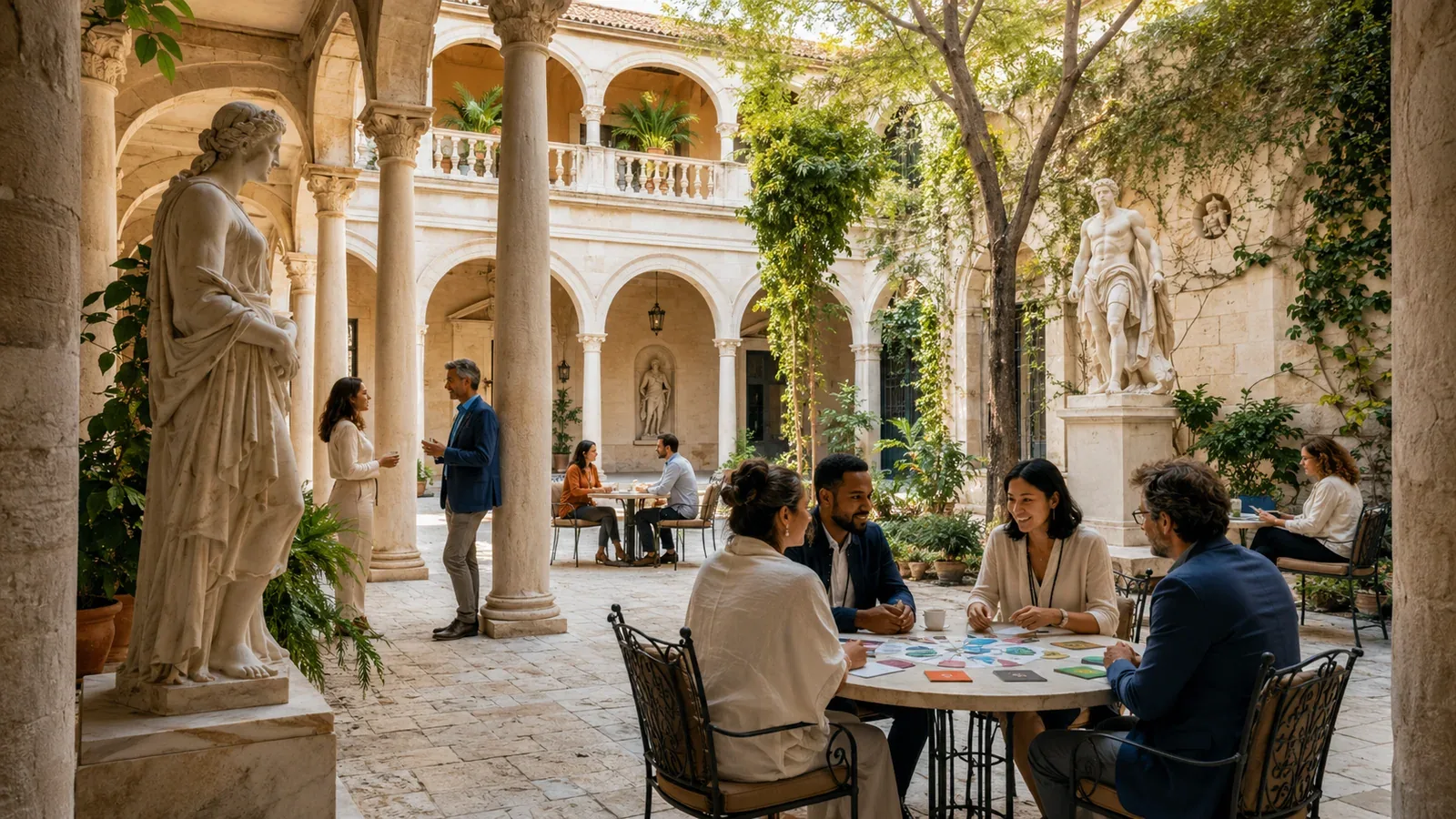 A group working over a game laid out on a table in a sunlit courtyard