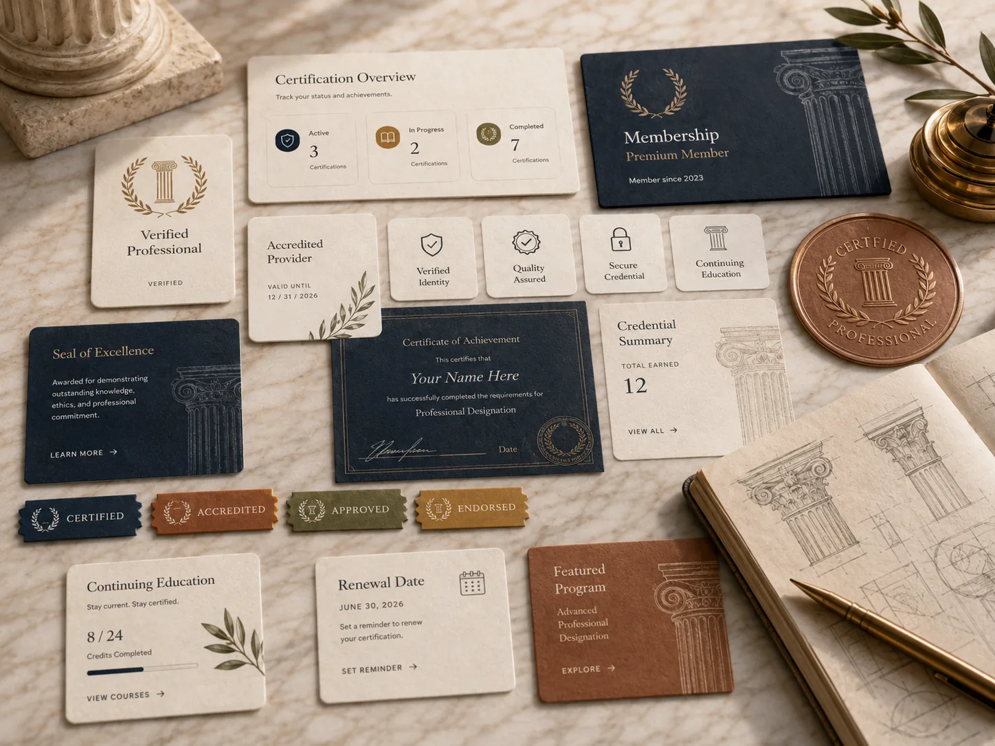 Credential cards, wax seals and laurel medallions on a marble table