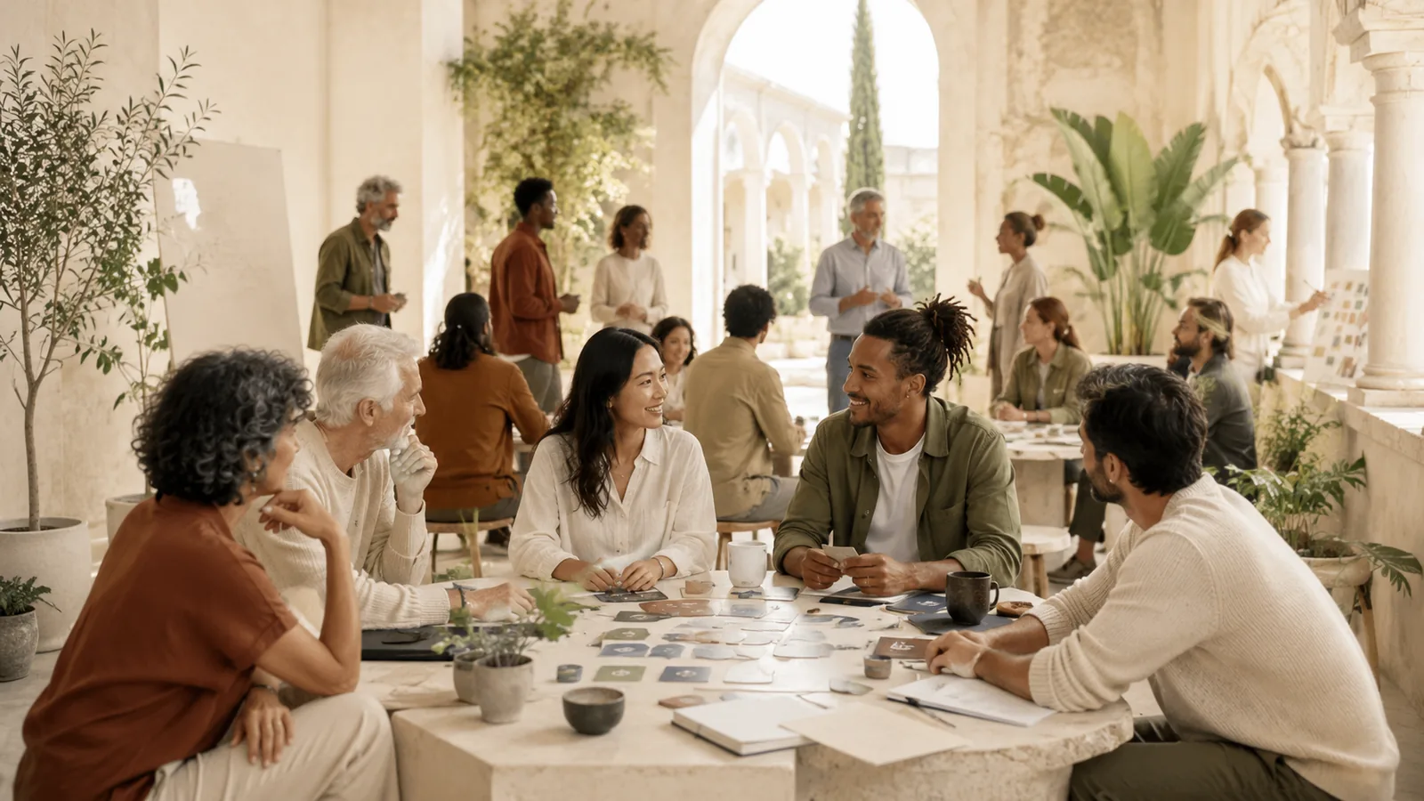 A large facilitated gathering seated around a long table in a colonnaded hall