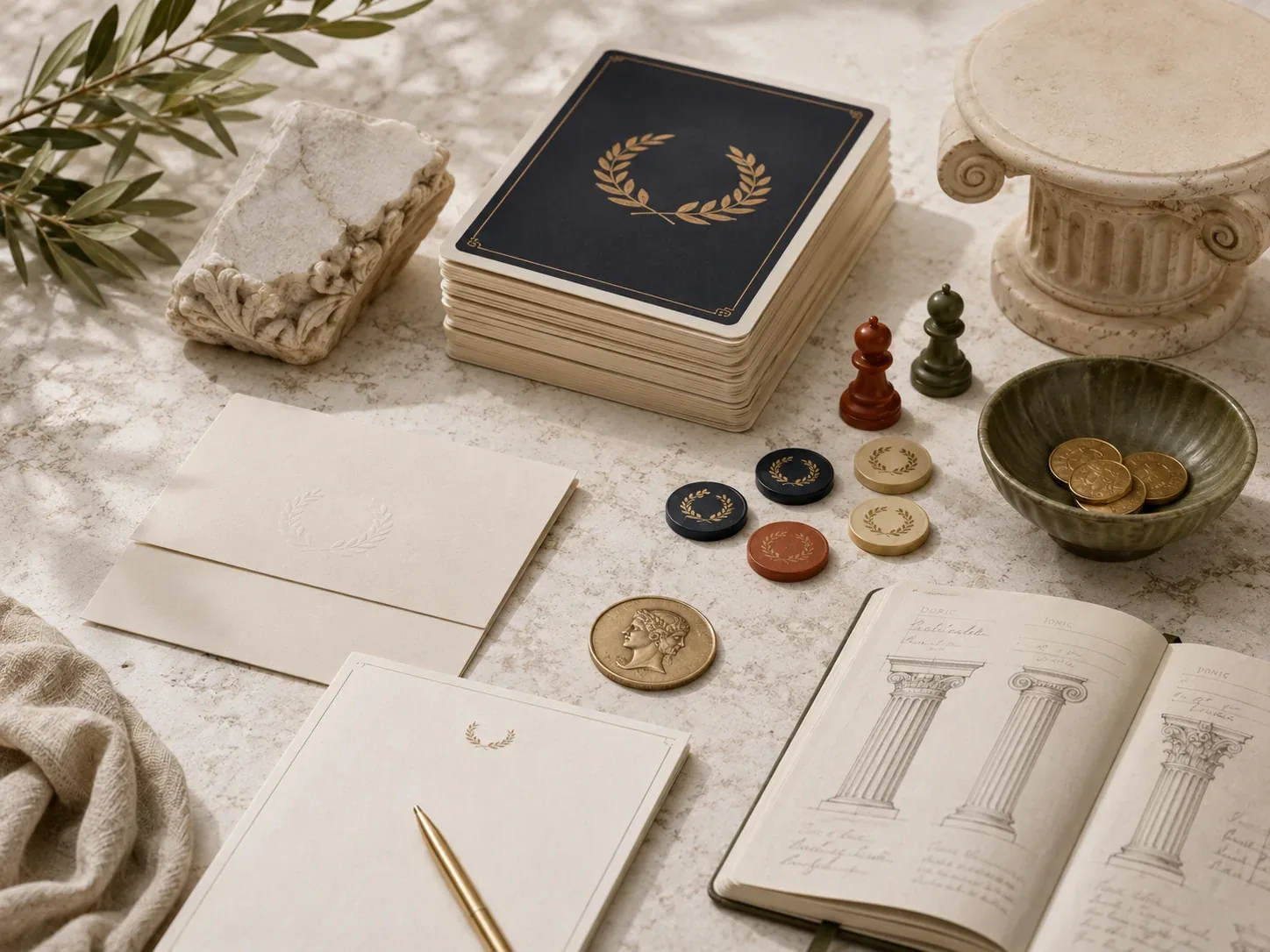 Game components and a laurel-stamped box on a marble table