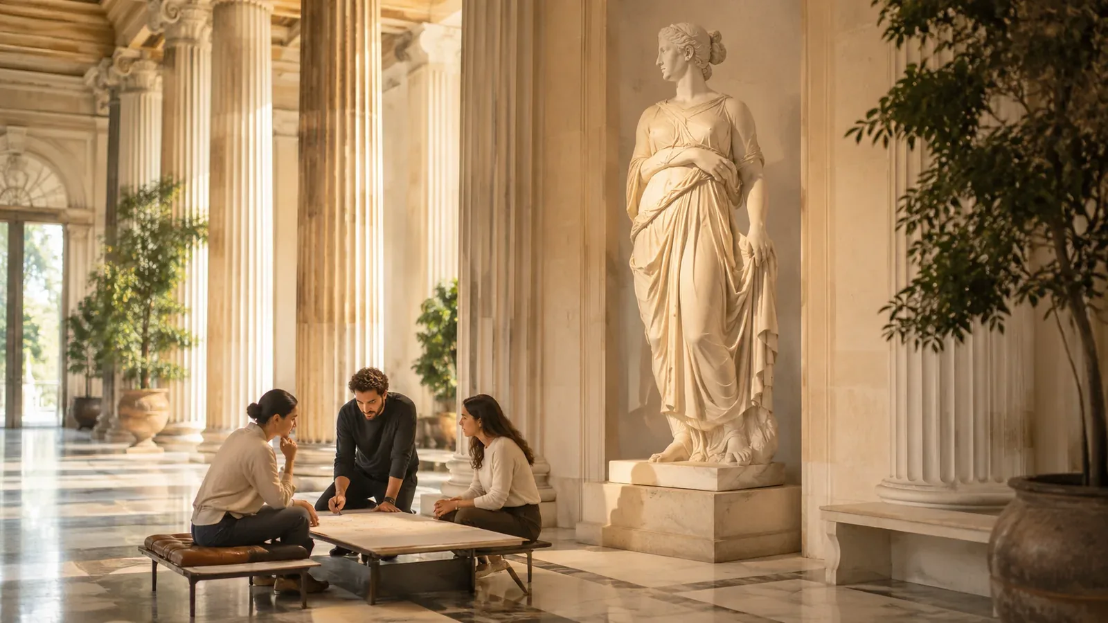 Practitioners working at a table in a colonnaded research hall