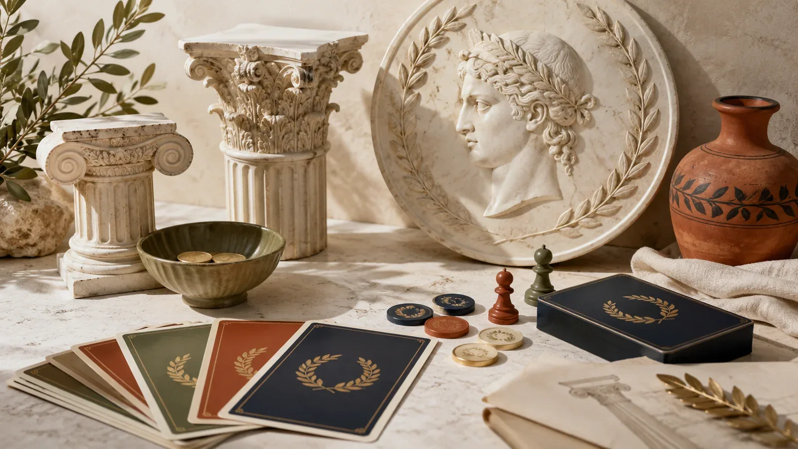 Cards and tokens arranged among column fragments and a vessel
